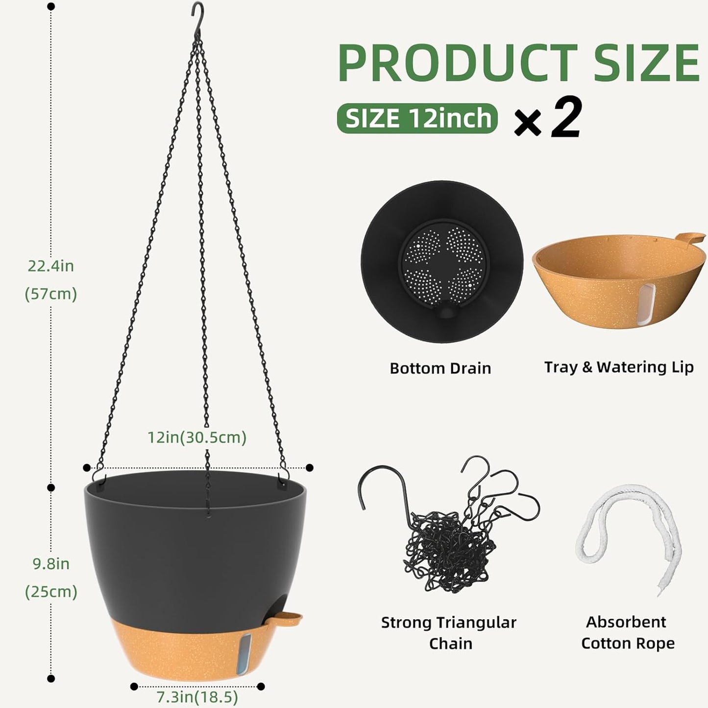 ZMTECH 12 Inch Hanging Planters for Indoor Outdoor Plants, 2 Pack Self Watering Hanging Plant Pots
