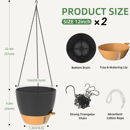 ZMTECH 12 Inch Hanging Planters for Indoor Outdoor Plants, 2 Pack Self Watering Hanging Plant Pots