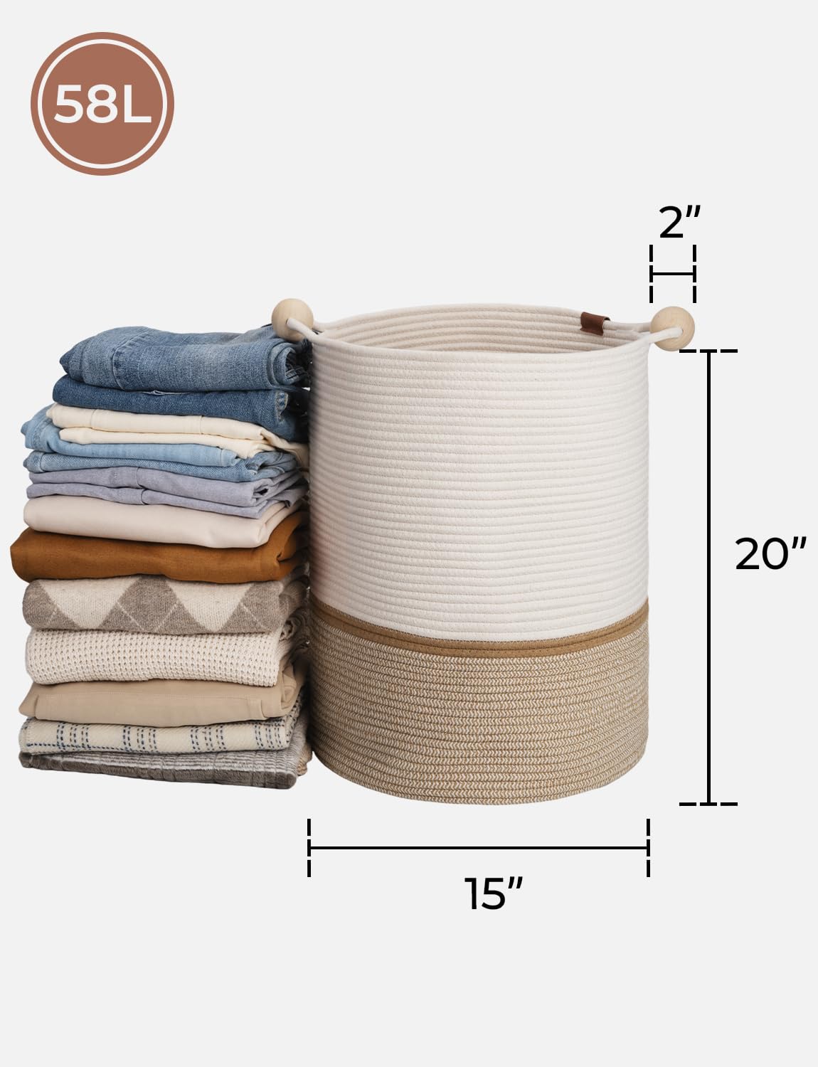 StorageWorks 58L Cotton Rope Laundry Basket with Wooden Beads Handles, Woven Basket for Storage