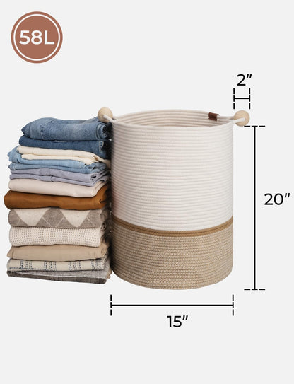 StorageWorks 58L Cotton Rope Laundry Basket with Wooden Beads Handles, Woven Basket for Storage