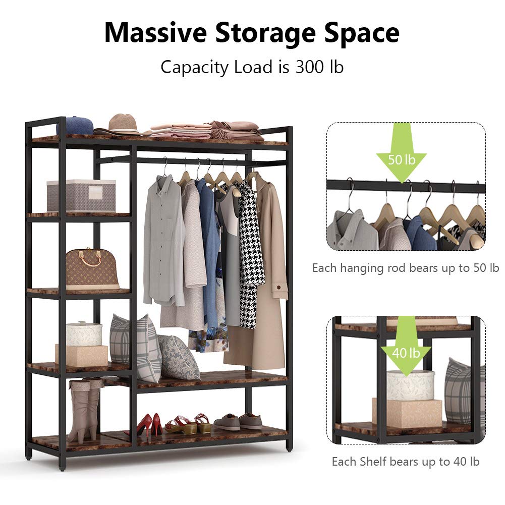 LITTLE TREE Free Standing Wood Closet Clothes Rack,Heavy Duty Grament Rack with Shelves,Hanging