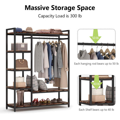 LITTLE TREE Free Standing Wood Closet Clothes Rack,Heavy Duty Grament Rack with Shelves,Hanging