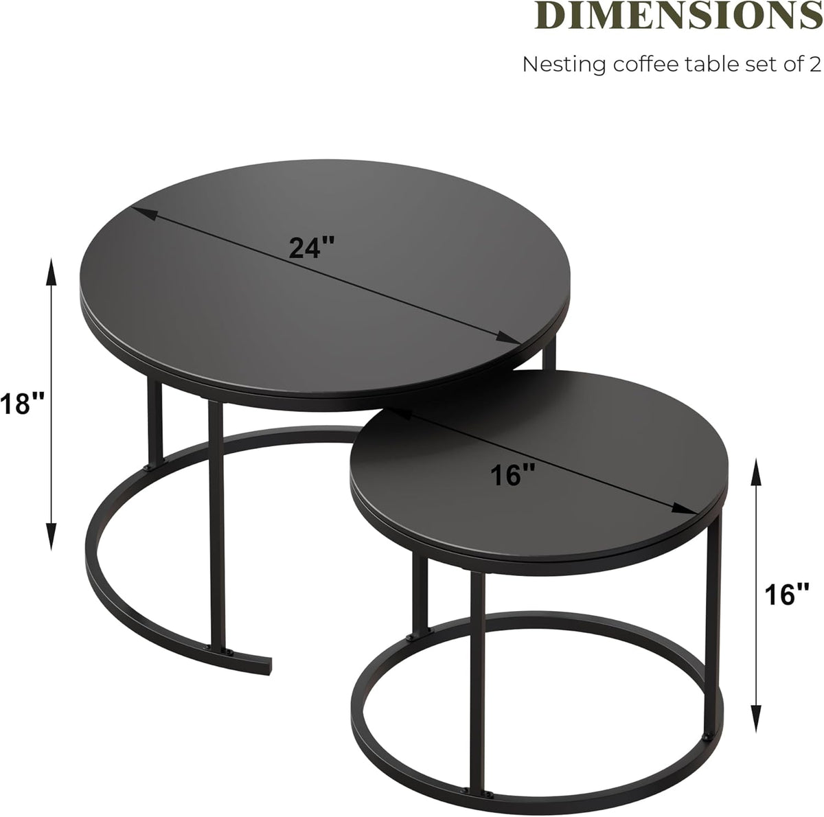 Round Nesting Coffee Table, Black Modern Decorative Coffee Center Table Set of 2,Round Sintered