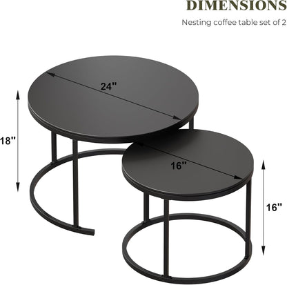Round Nesting Coffee Table, Black Modern Decorative Coffee Center Table Set of 2,Round Sintered