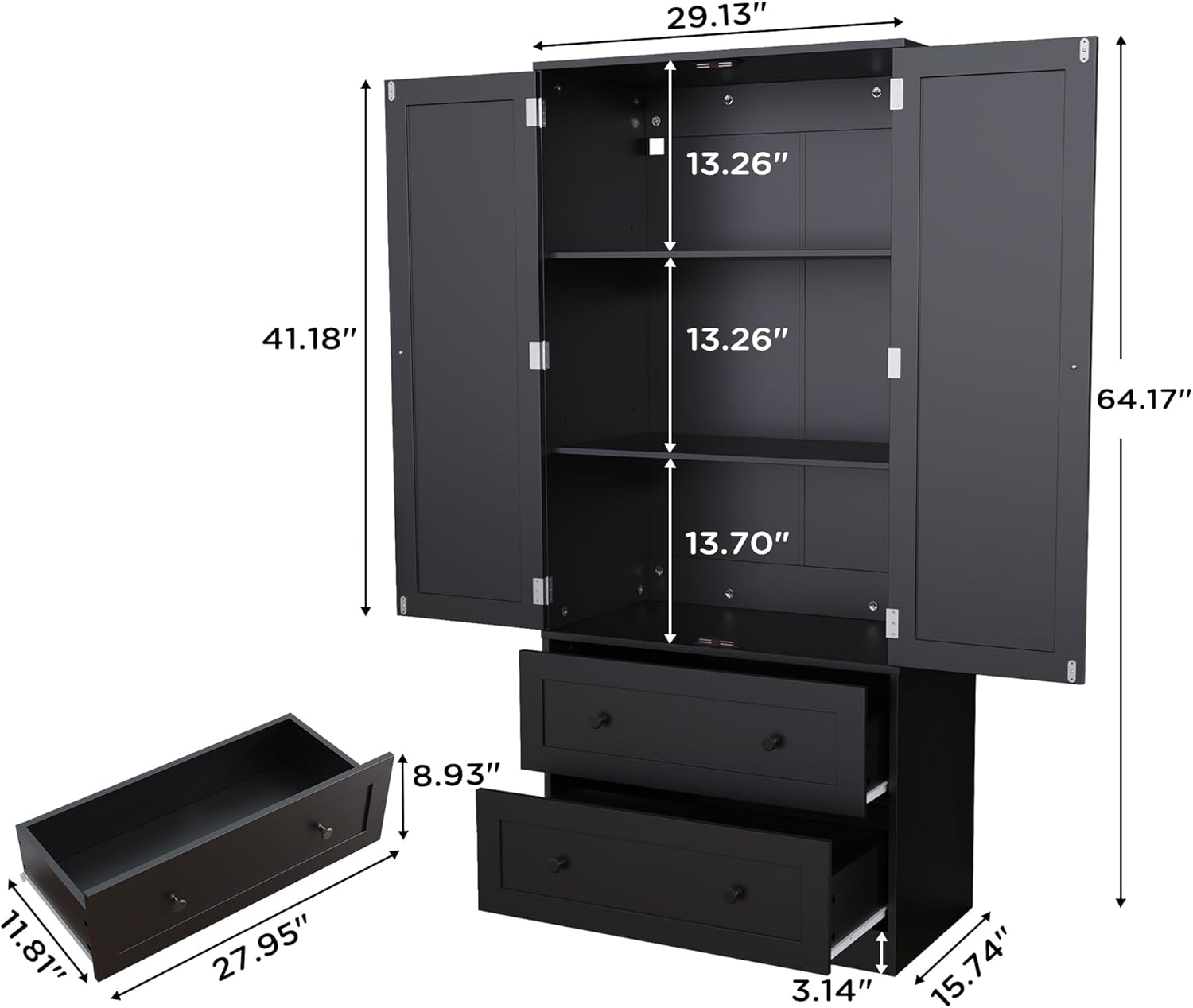 64.2" Tall Black Kitchen Pantry, Storage Cabinet with Doors and Drawers, Freestanding Wooden
