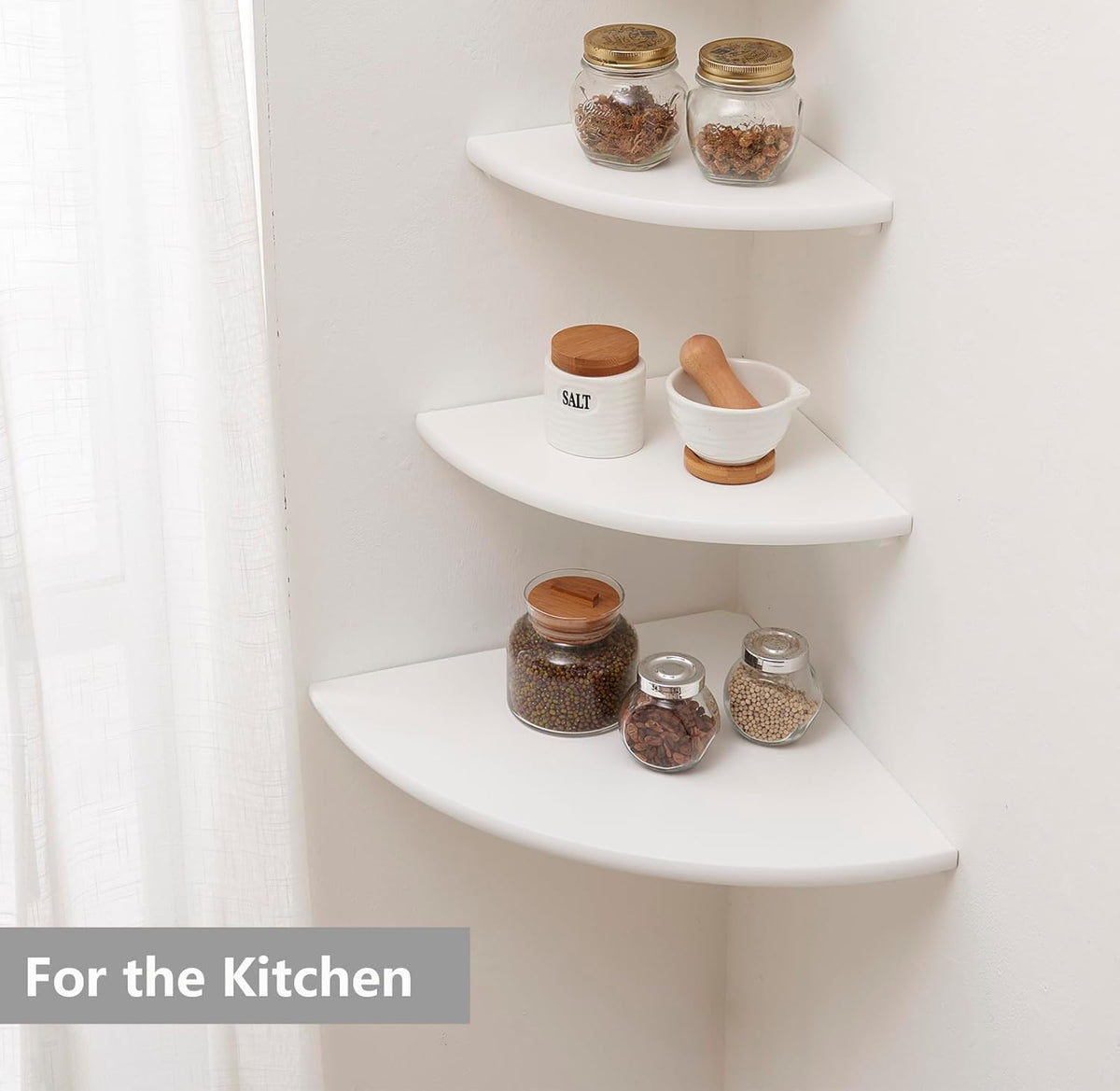 Corner Shelf, White Solid Oak Wood Floating Corner Shelves Wall Mount Round End Floating Speaker