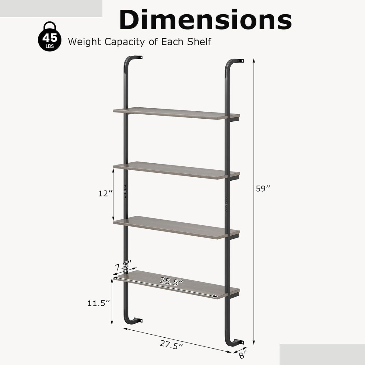 Giantex 4-Tier Industrial Bookshelf, Wall Mounted Pipe Shelving Unit, Floating Shelves with Metal