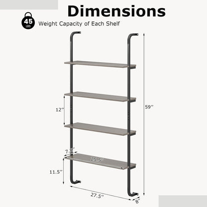 Giantex 4-Tier Industrial Bookshelf, Wall Mounted Pipe Shelving Unit, Floating Shelves with Metal