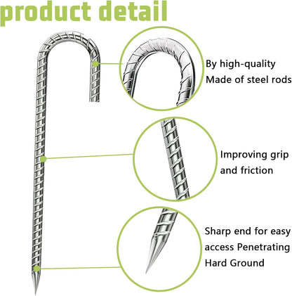 Rebar-Stakes-12-Inch, Ground Stakes Heavy Duty U-Hook Galvanized Anti-Rust Tent Stakes Heavy Duty