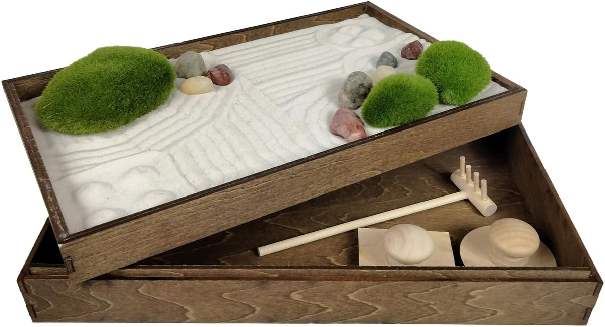 Wooden Stackable Zen Garden | White Sand with Rake & Accessories | Minimalist Decor Gift for
