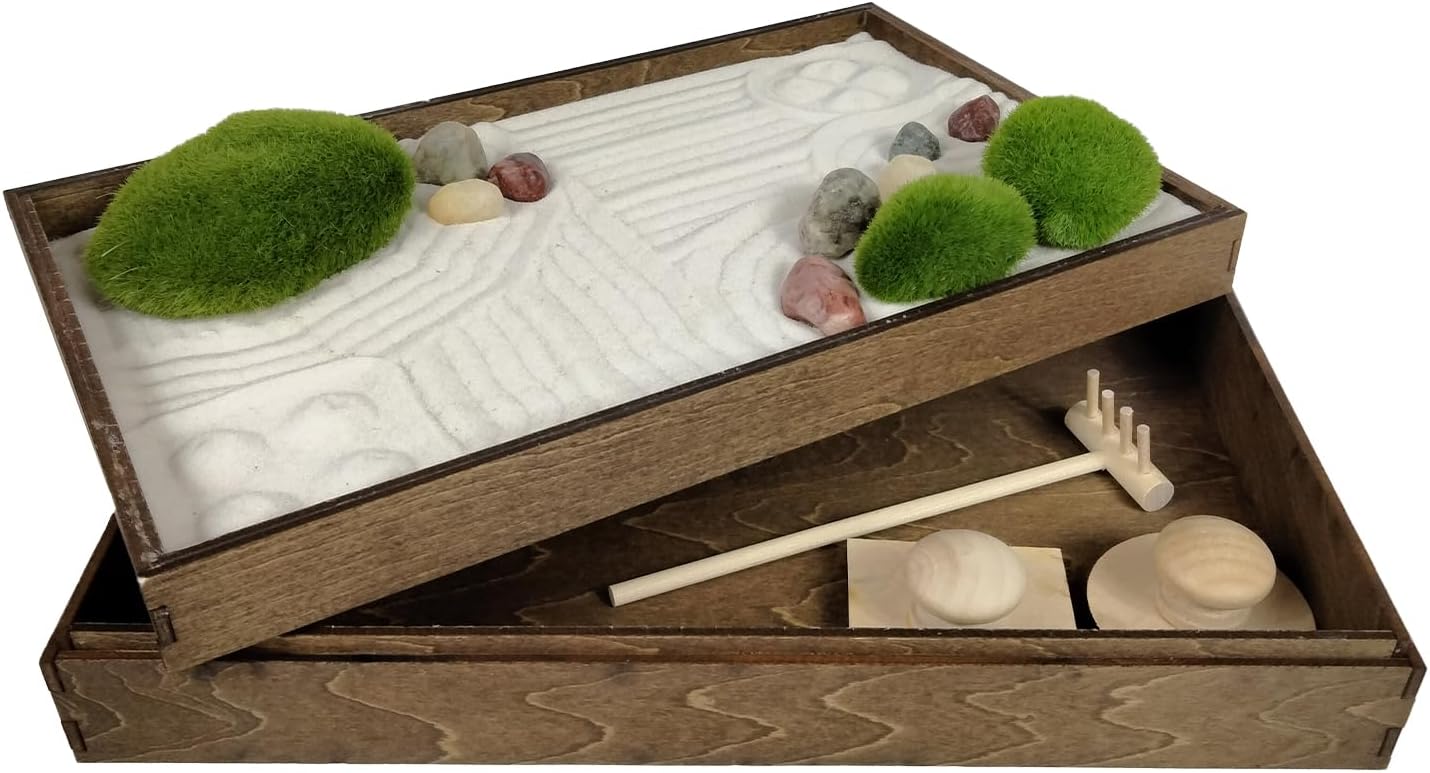 Wooden Stackable Zen Garden | White Sand with Rake & Accessories | Minimalist Decor Gift for