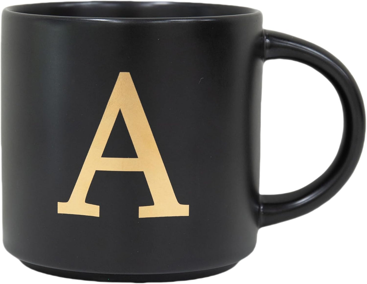 COLLECTIVE HOME - Monogram Ceramic Mugs, 15 oz Golden Initial Black Coffee Cups, Elegant Alphabet