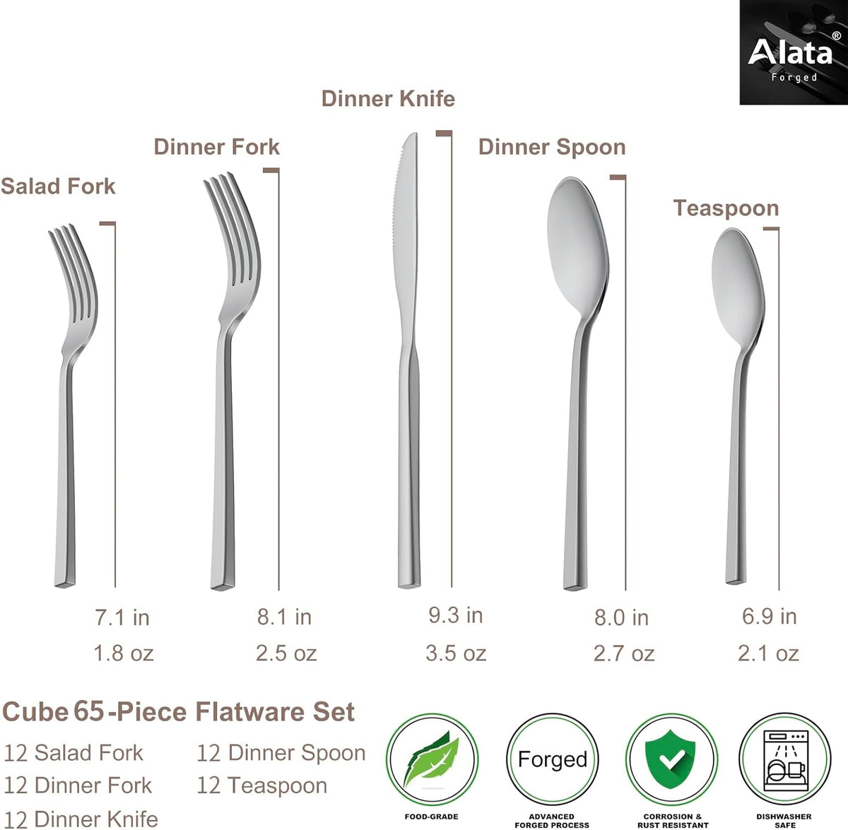 Alata Cube 65-Piece Forged Stainless Steel Flatware Set Cutlery Set with Utensil-Serving Set