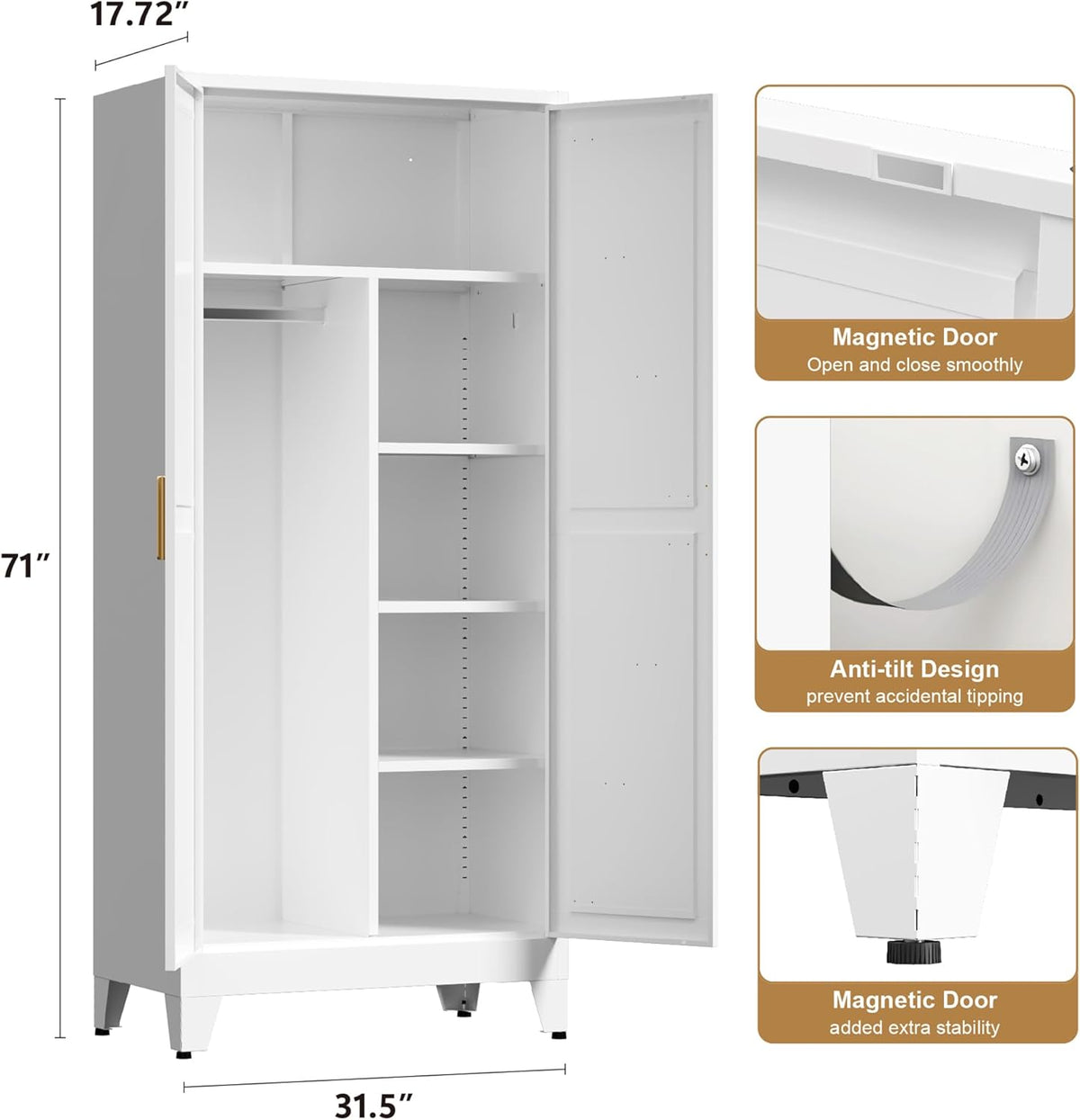 71'' Farmhouse Metal Wardrobe Cabinet with Hanging Rod, 2 Barn Door Wardrobe Closet with 5