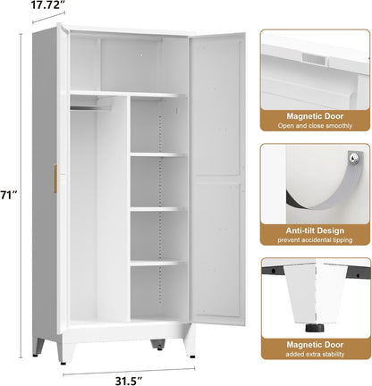 71'' Farmhouse Metal Wardrobe Cabinet with Hanging Rod, 2 Barn Door Wardrobe Closet with 5