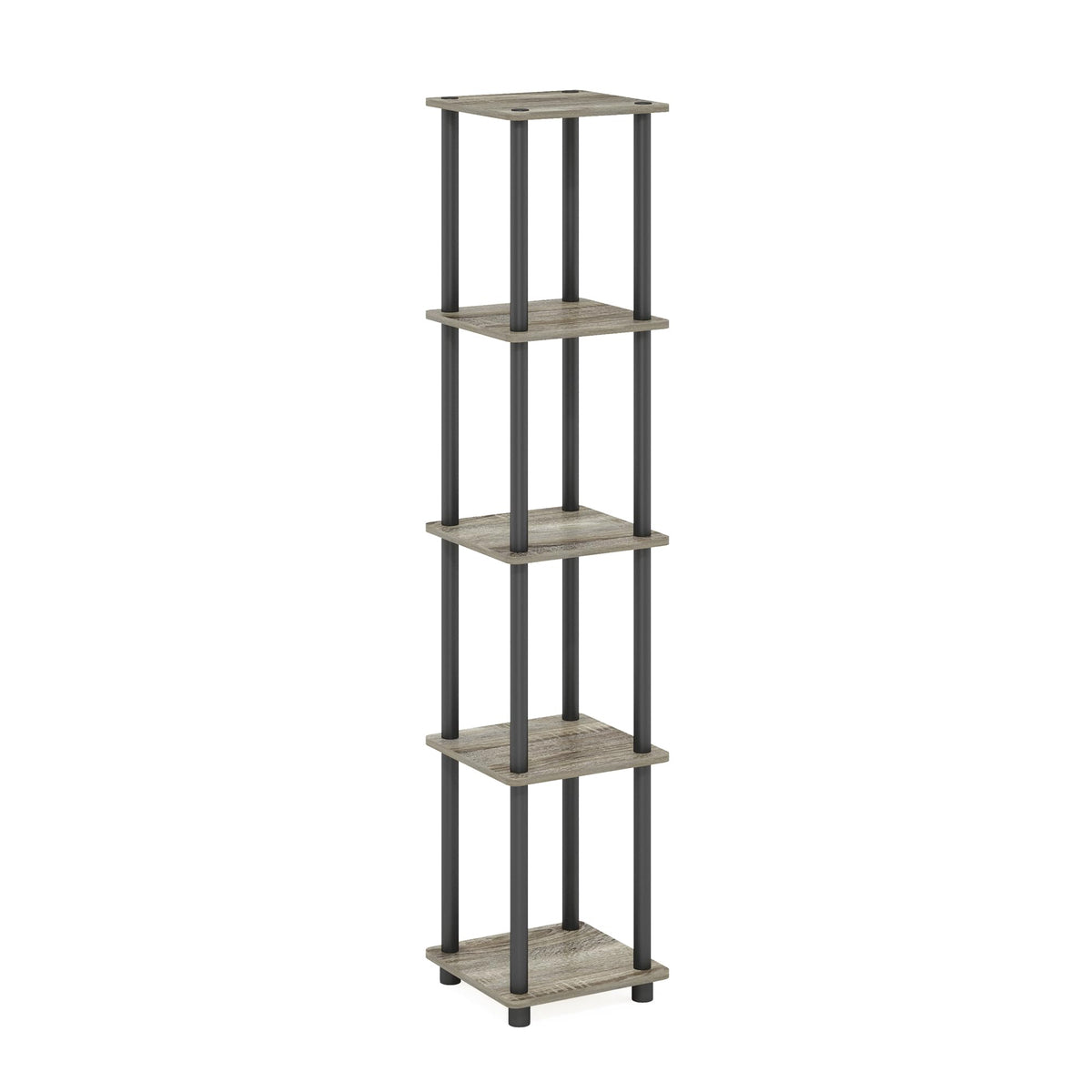 FURINNO Turn-N-Tube 5-Tier Corner Square Rack Display Shelf, Round, French Oak Grey/Black