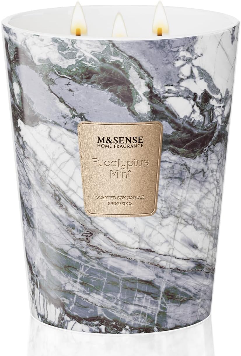 M&SENSE EucalyptusMint Scented Candles for Home, 3-Wick Highly Scented Jar Candles, Extra Large