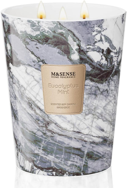 M&SENSE EucalyptusMint Scented Candles for Home, 3-Wick Highly Scented Jar Candles, Extra Large