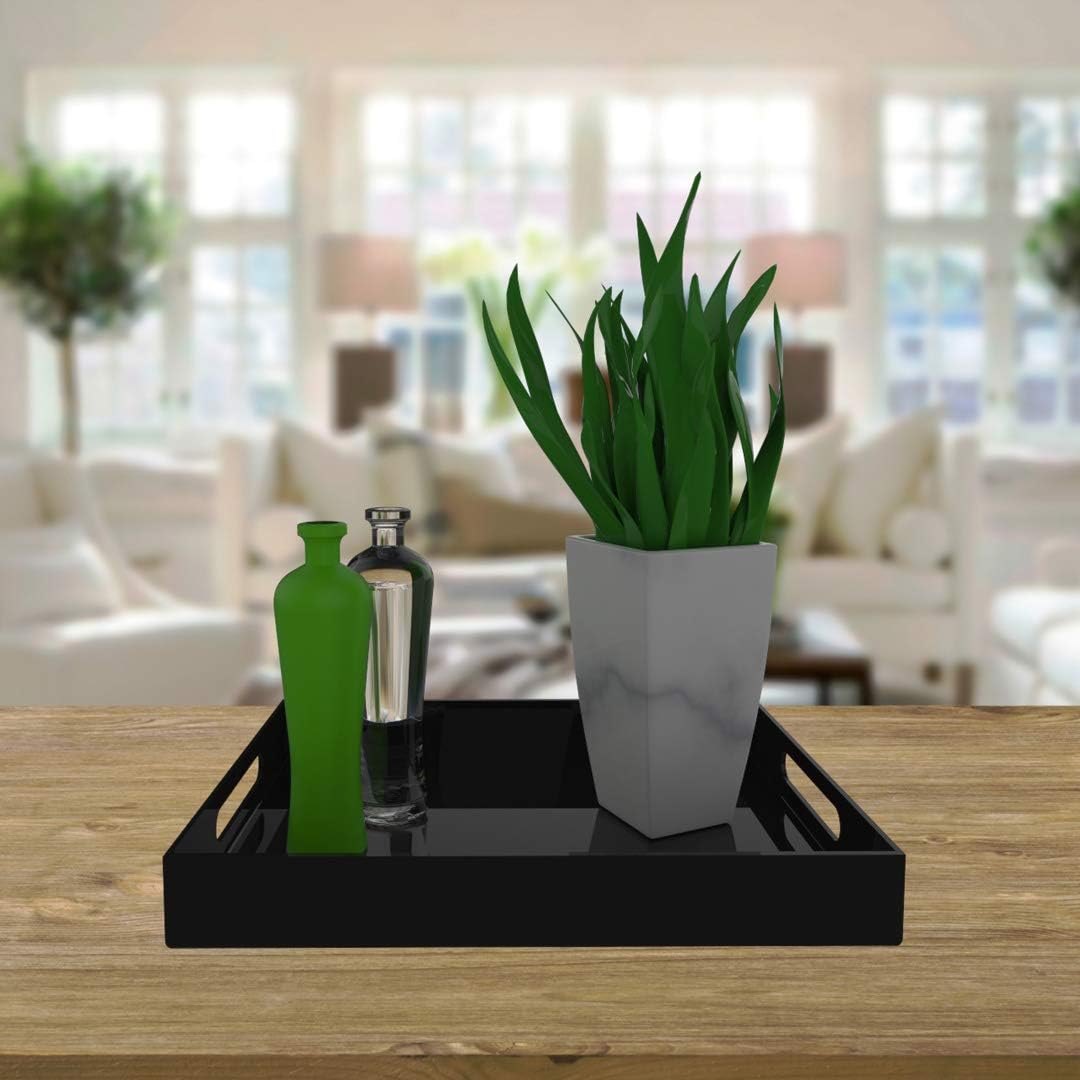 Black Acrylic Serving Tray for Vanity, Bathroom, Outdoor, Food and Décor with Handles (Rectangle