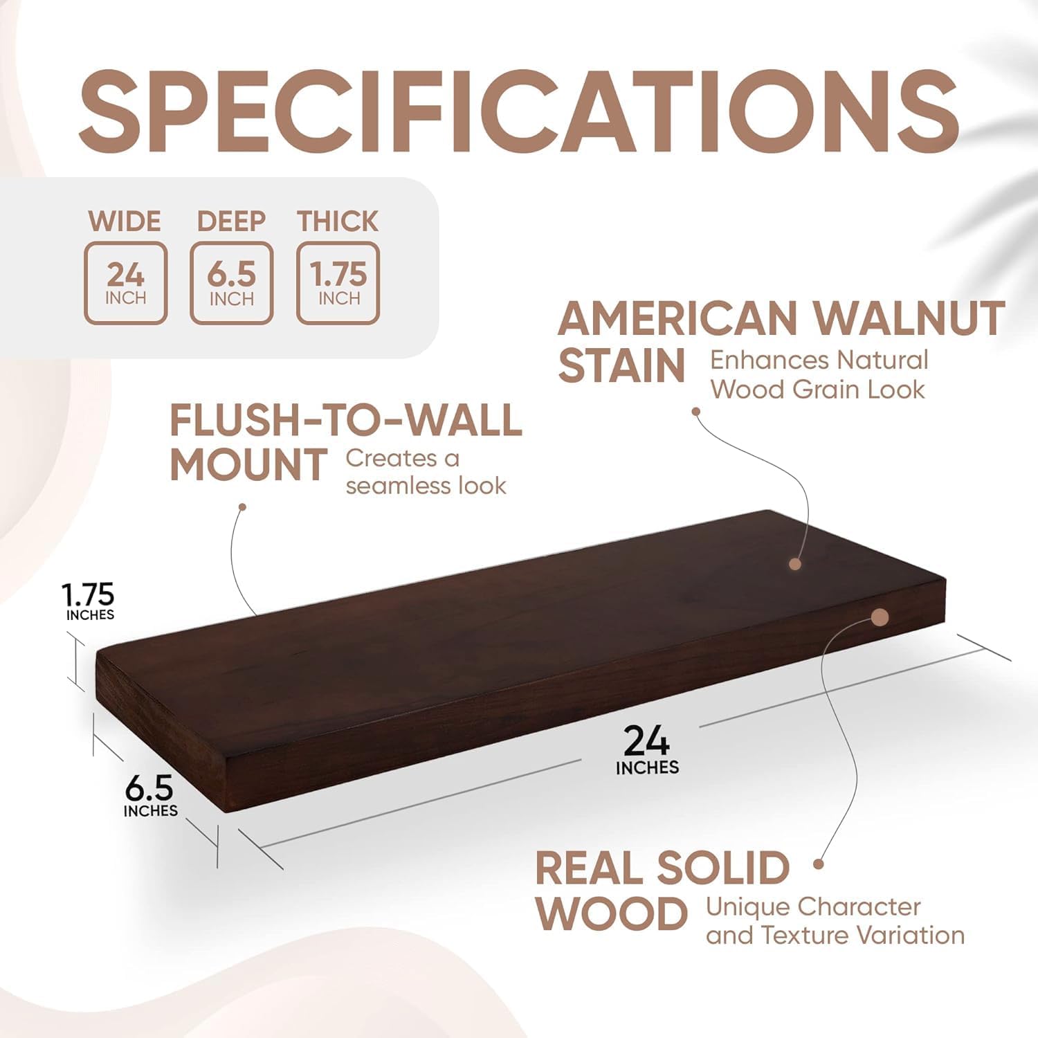 Homeforia 24inch Walnut Floating Shelves for Wall, High End Solid Real Wood 24in Floating Shelf for