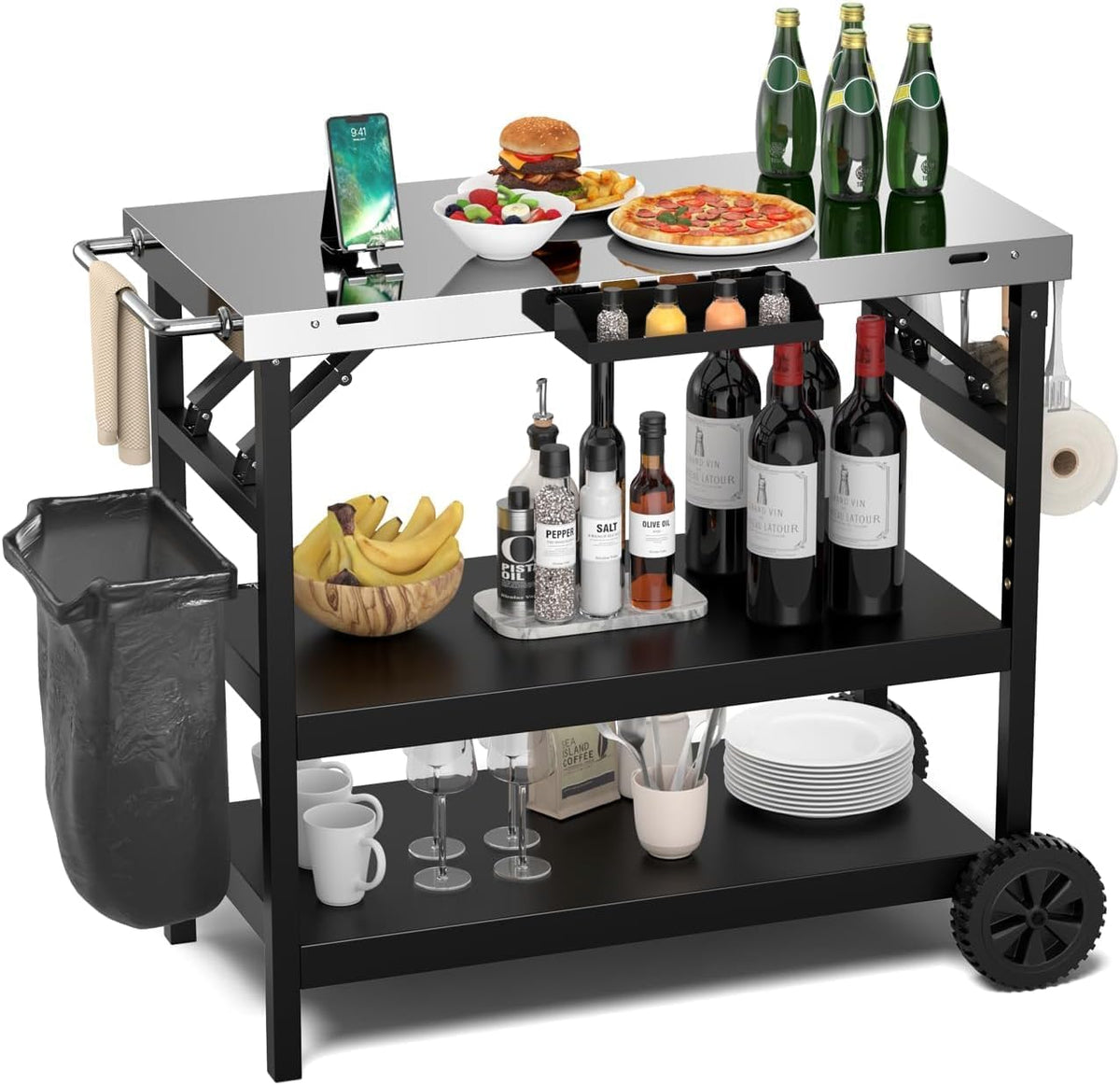 ERGOMASTER Grill Table Cart, Outdoor Kitchen Island with 4-Position Adjustable Shelf, Stainless