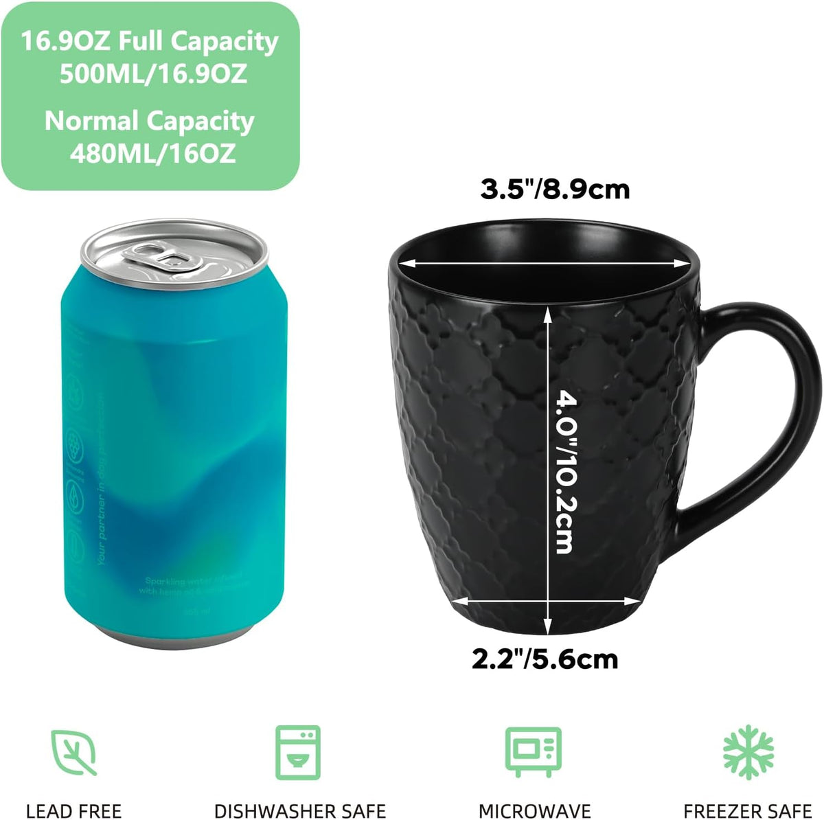 16 OZ Bone Coffee Mugs Set of 6 Matte Black, Large Ceramic Coffee Mugs Set with Different Texture