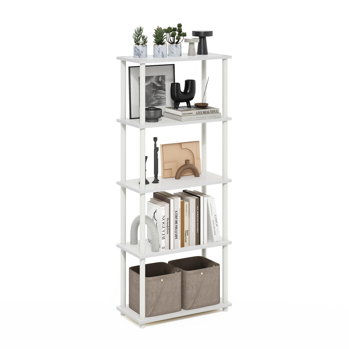 Furinno Turn-N-Tube Storage Shelves, 5-Tier Book Shelf, Corner Shelf, Toolless Open Shelves, for