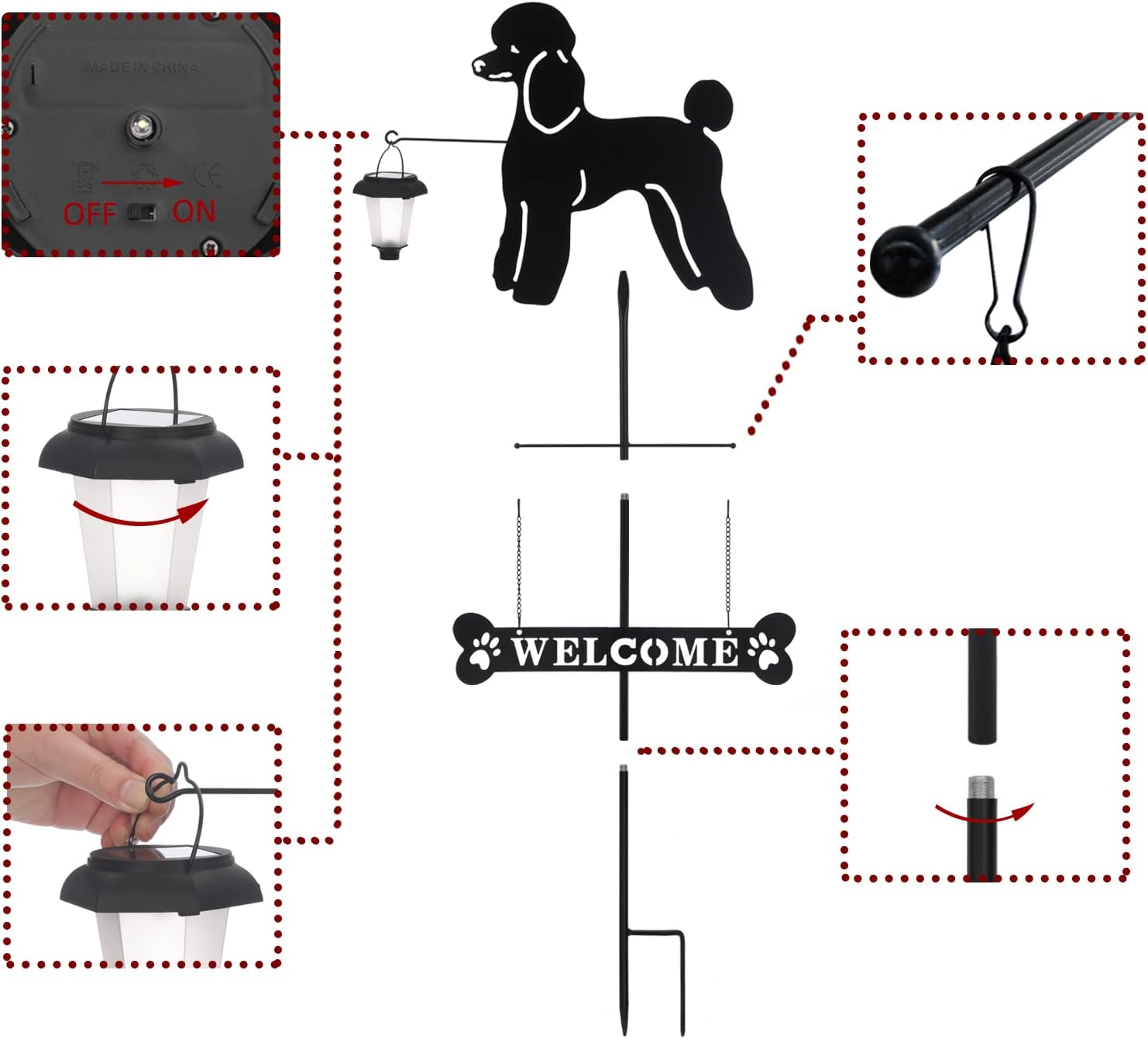 BAYN Solar Poodle Garden Stakes Decorative with a Lantern Dog Silhouette Welcome Sign Outdoor