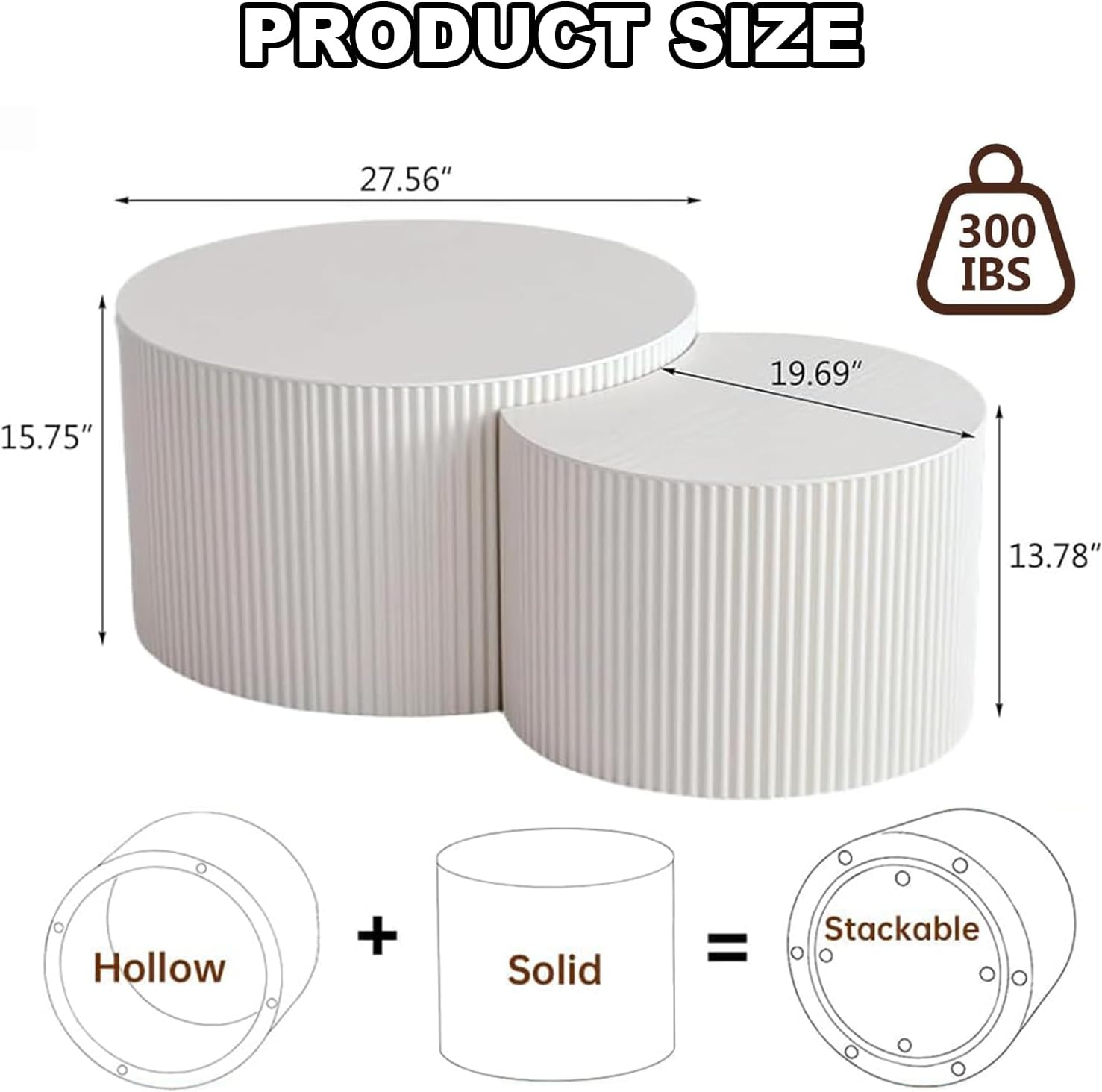 Nesting Coffee Table Set of 2 Modern Handcraft Fluted Coffee and End Table Sets Wooden Drum Small