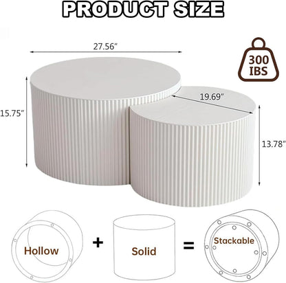 Nesting Coffee Table Set of 2 Modern Handcraft Fluted Coffee and End Table Sets Wooden Drum Small
