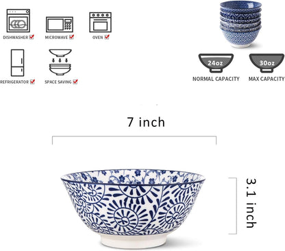 Selamica 7 inches Porcelain Cereal Bowl Set - Set of 6, Soup Bowls, Ceramic bowls for Cereal, Soup