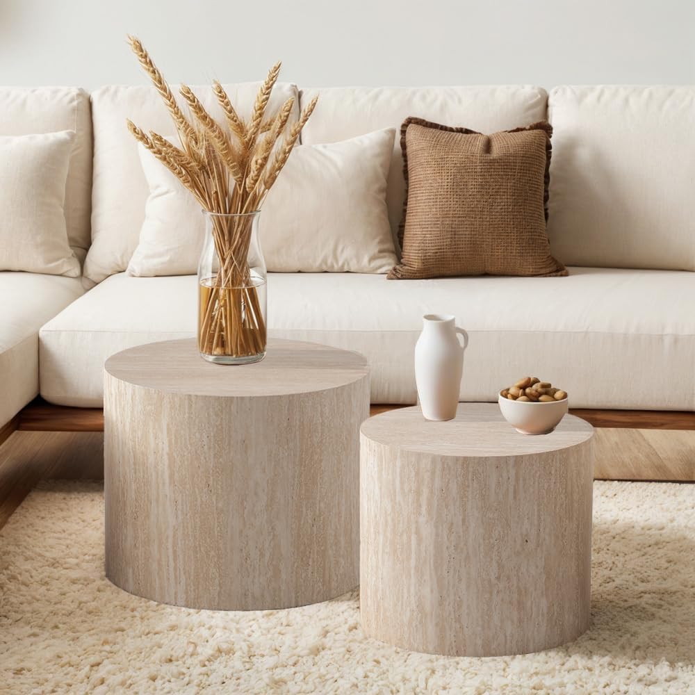 Round Nesting Coffee Table Set of 2 Modern Small Round Coffee Table Travertine Side Table Small End