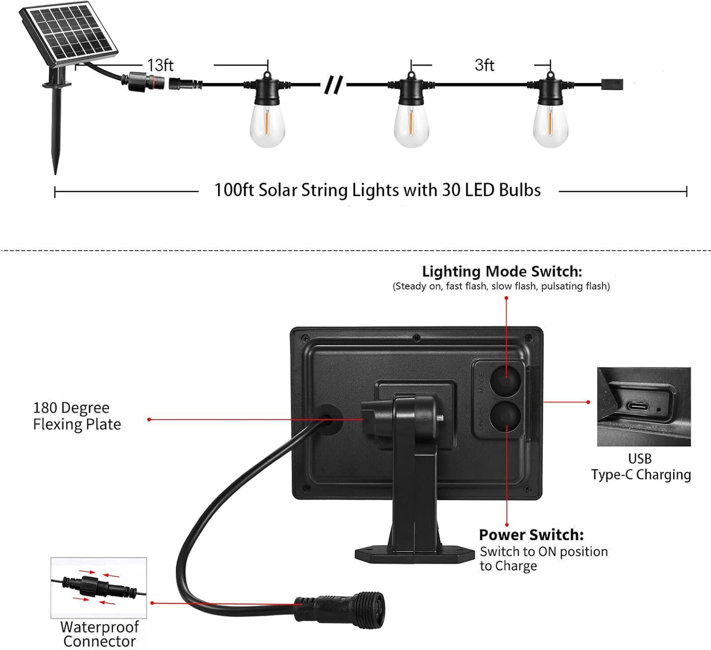 SUNTHIN 100ft Solar String Light Outdoor, USB Rechargeable Patio Solar Outdoor Lights with