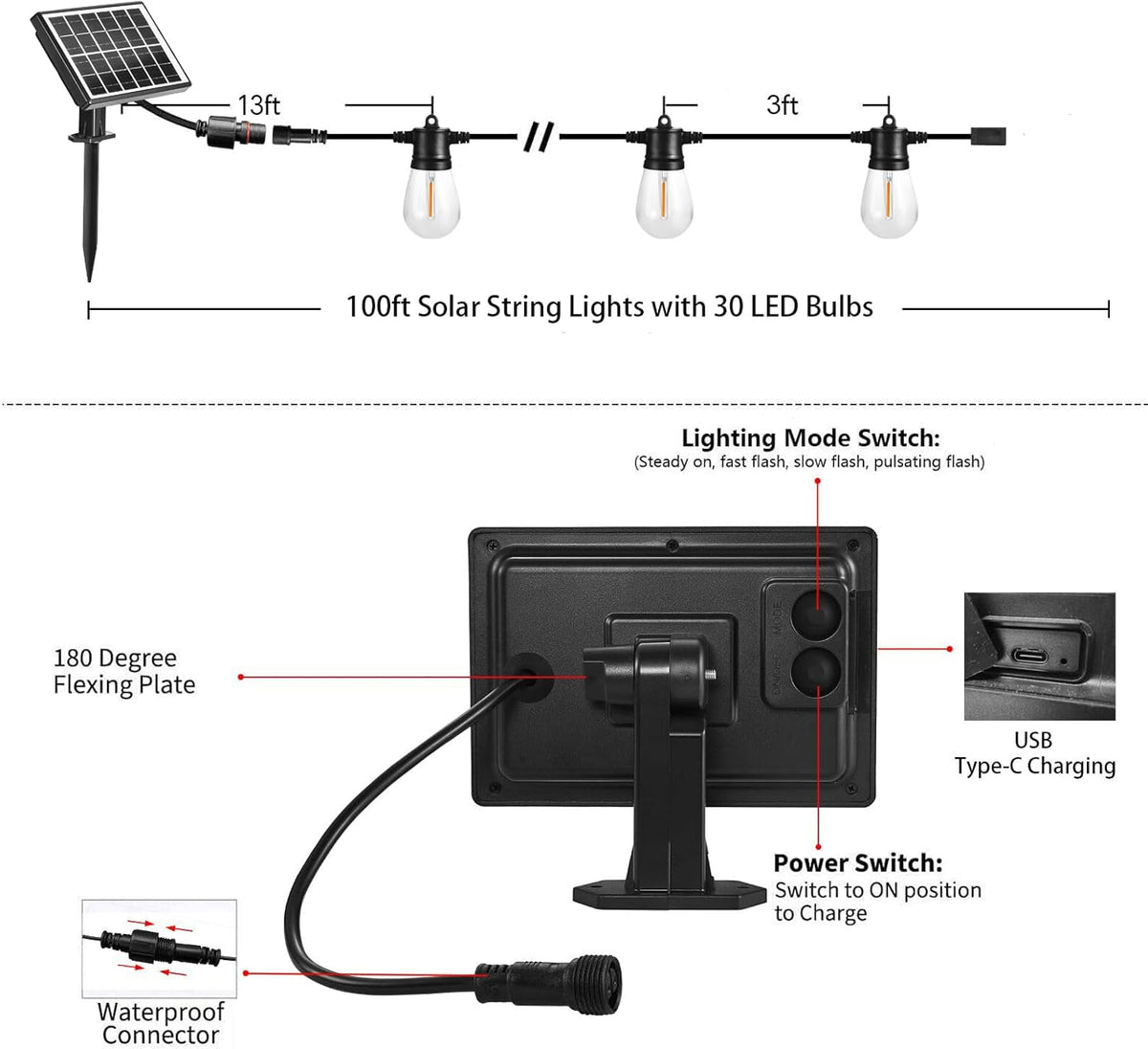 SUNTHIN 100ft Solar String Light Outdoor, USB Rechargeable Patio Solar Outdoor Lights with