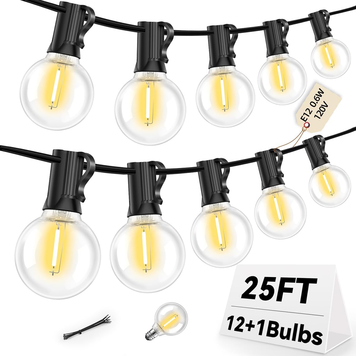 25FT G40 LED Outdoor String Lights with 12+1 Bulbs, E12 Socket, 2700K Warm White, Commercial Grade