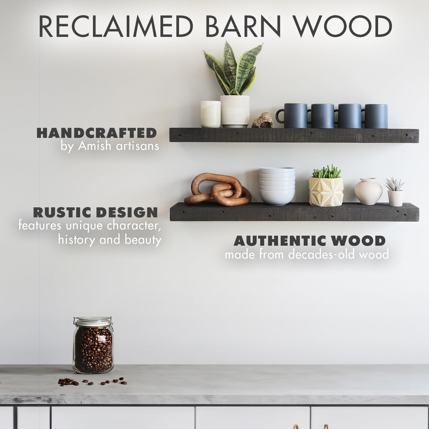 Urban Legacy Reclaimed Barnwood Planks | Floating Shelves for Wall w/Flush Mount Shelf Bracket Set