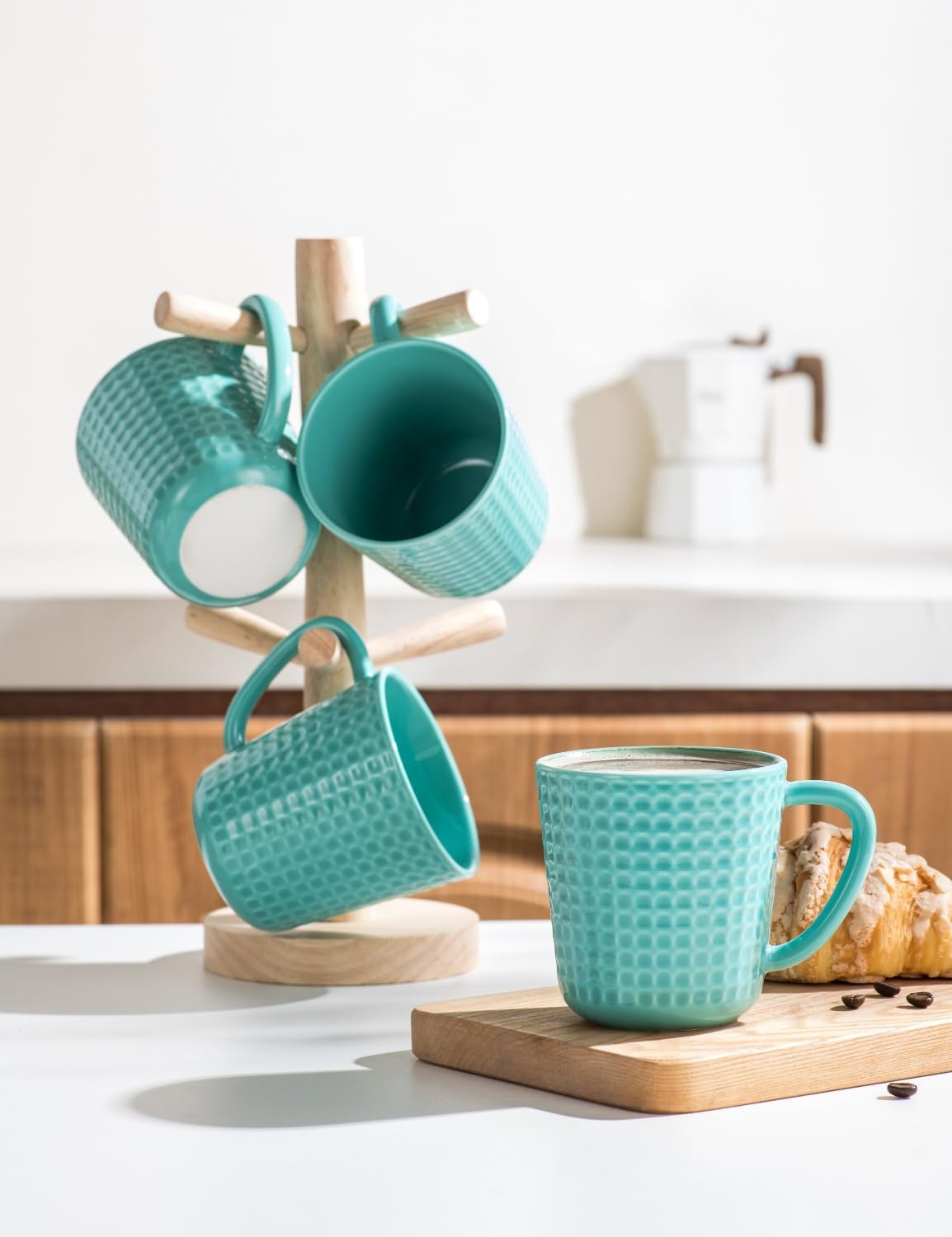 Ceramic Coffee Mugs 15 oz, Large Waffle Embossed Mug Set with Handle, Unique Coffee Cups for Latte