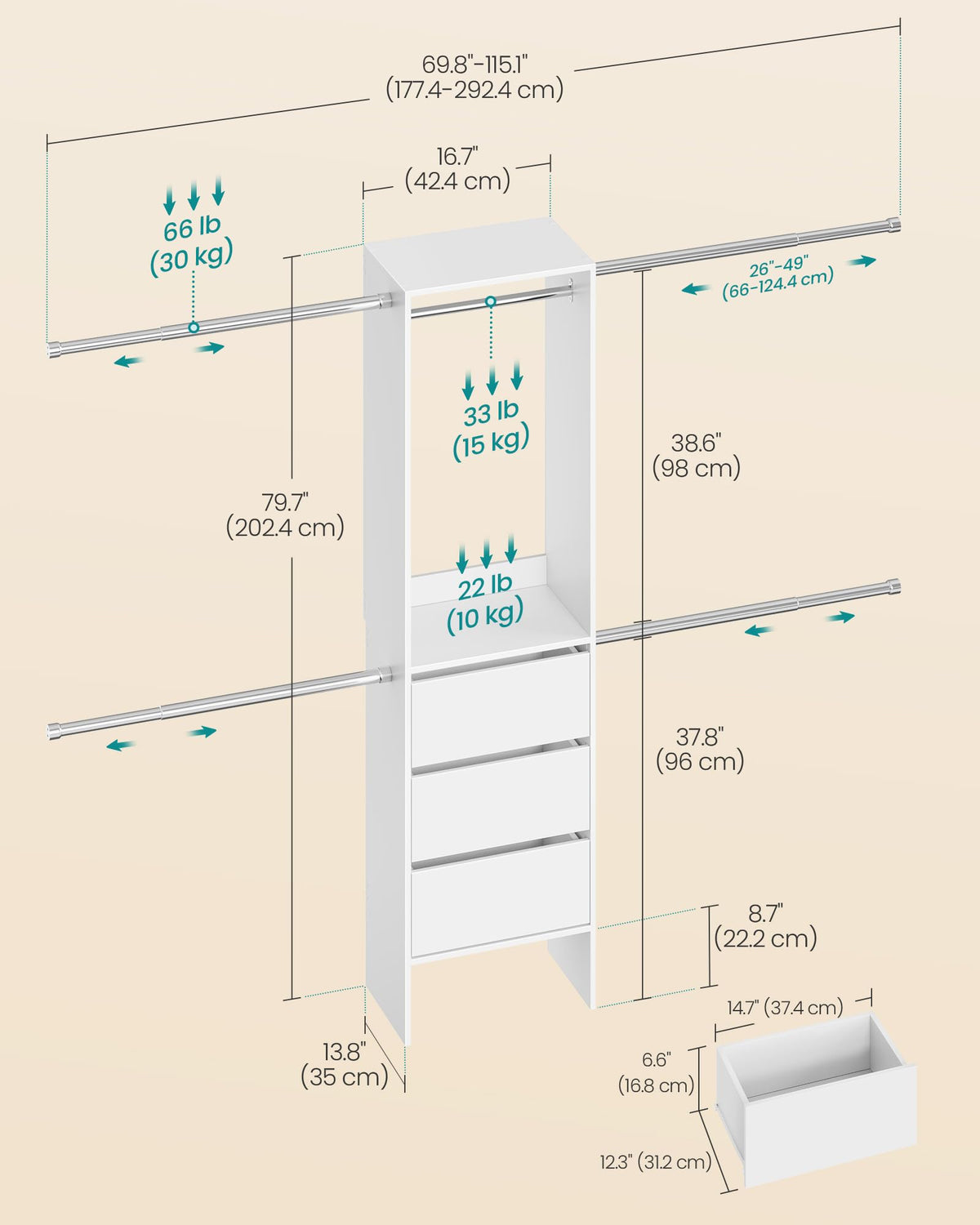 SONGMICS Closet System, Customizable Walk-In Closet Organizer System with Adjustable Hanging Rods