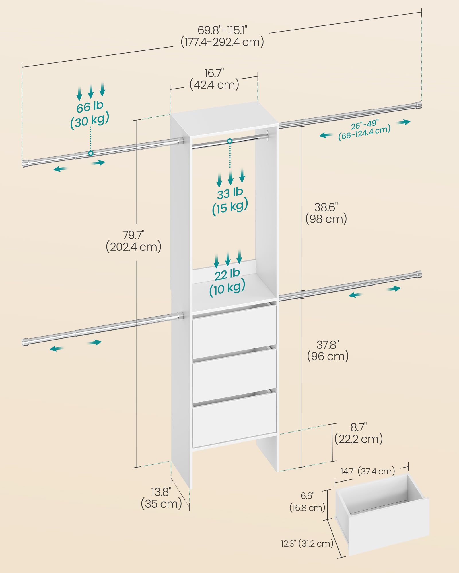 SONGMICS Closet System, Customizable Walk-In Closet Organizer System with Adjustable Hanging Rods