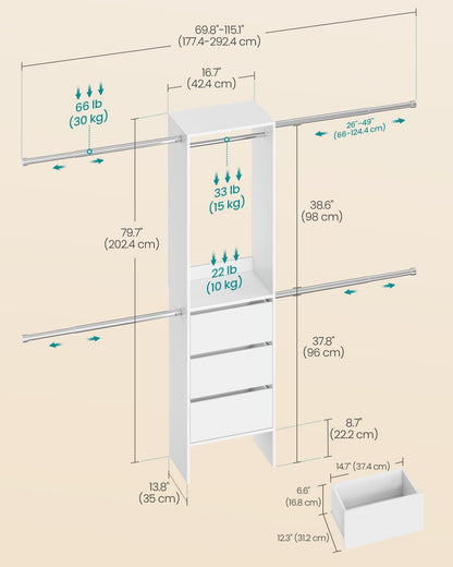 SONGMICS Closet System, Customizable Walk-In Closet Organizer System with Adjustable Hanging Rods
