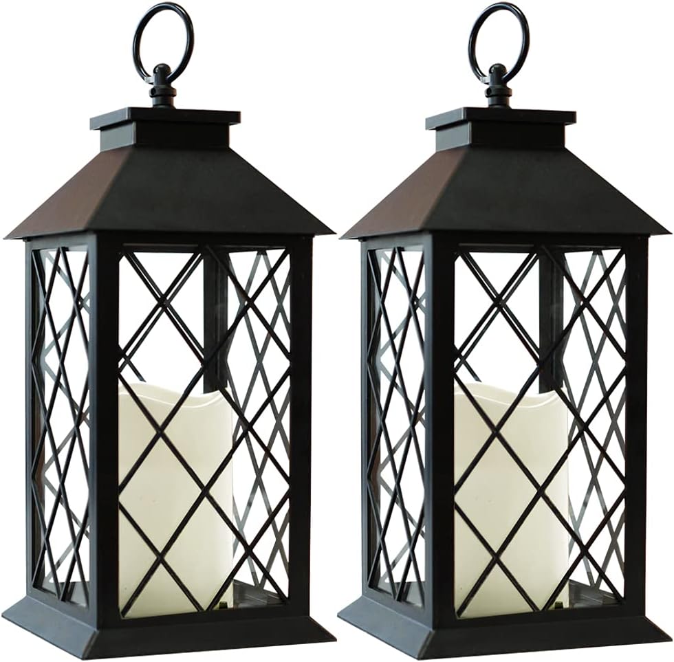 Bright Zeal 2-Pack 13.5" Vintage Candle Lantern with LED Pillar Candle (Black, 6hr Timer) - IP44