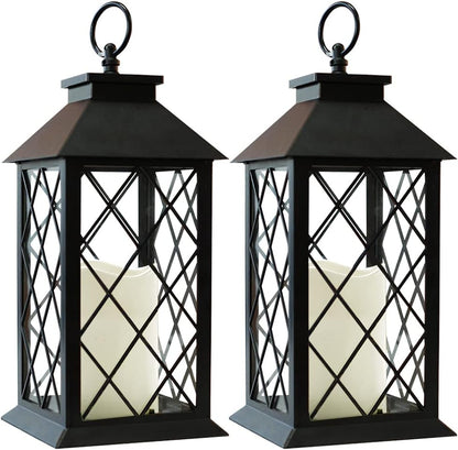 Bright Zeal 2-Pack 13.5" Vintage Candle Lantern with LED Pillar Candle (Black, 6hr Timer) - IP44