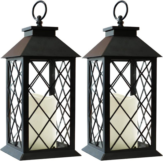 Bright Zeal 2-Pack 13.5" Vintage Candle Lantern with LED Pillar Candle (Black, 6hr Timer) - IP44