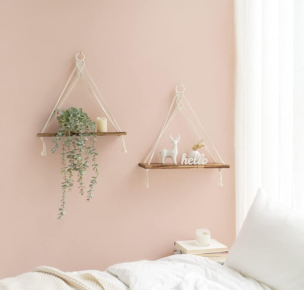 Mkono Macrame Hanging Shelves Boho Wall Decor Set of 2 Rustic Wood Floating Storage Shelf for