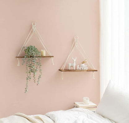 Mkono Macrame Hanging Shelves Boho Wall Decor Set of 2 Rustic Wood Floating Storage Shelf for