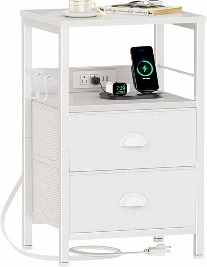 Furologee End Table with Charging Station, Nightstand with Fabric Drawers, Side Tables with USB