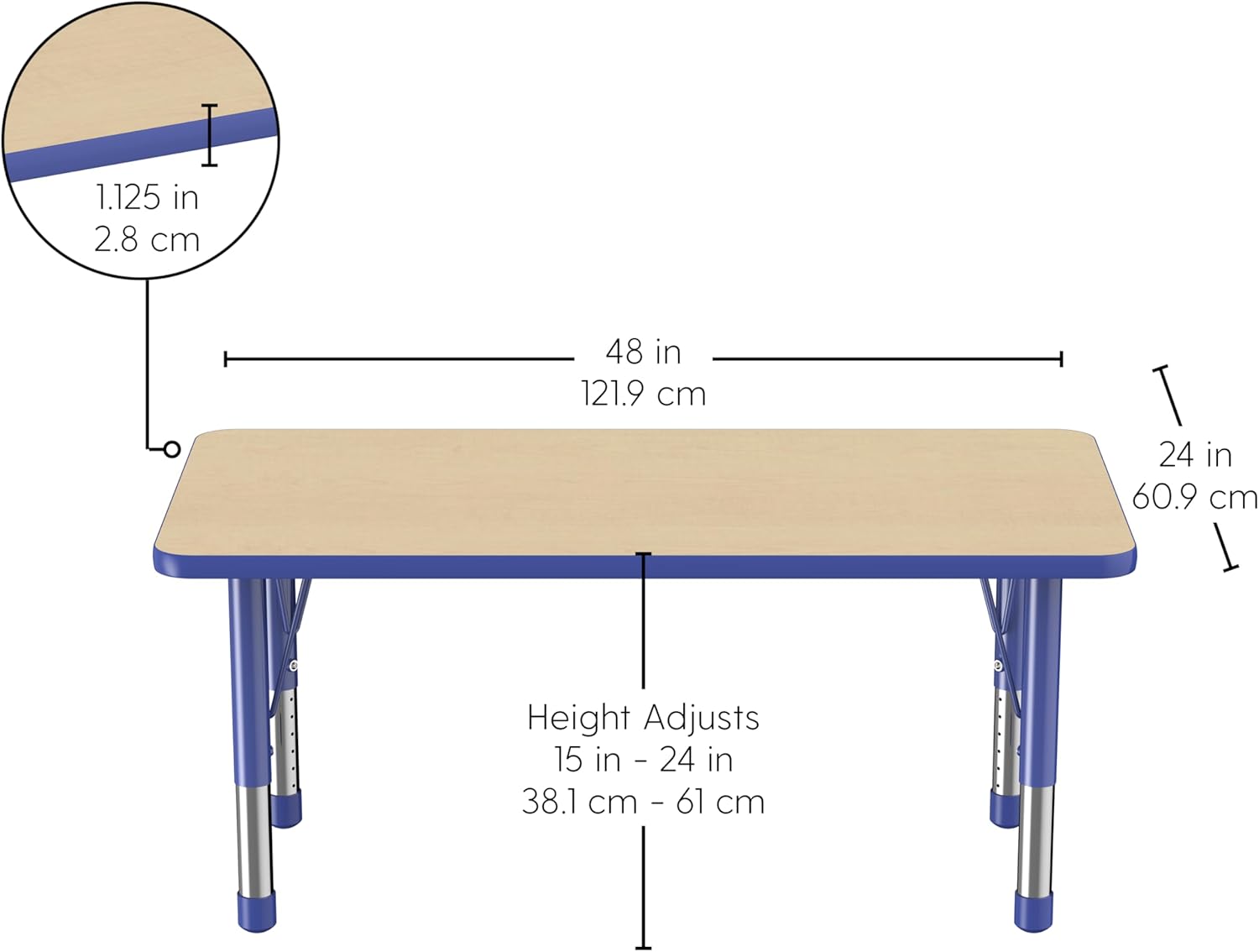 FDP Rectangle Activity School and Kids Classroom Table (24 x 48 inch), Toddler Legs, Adjustable