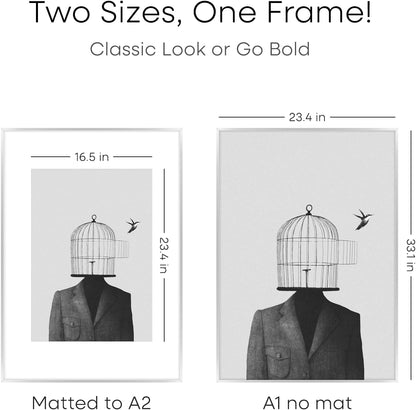 Homeforia A1 Poster Frame Silver, High End Metal A1 Large Picture Frame Silver with Mat A2 for