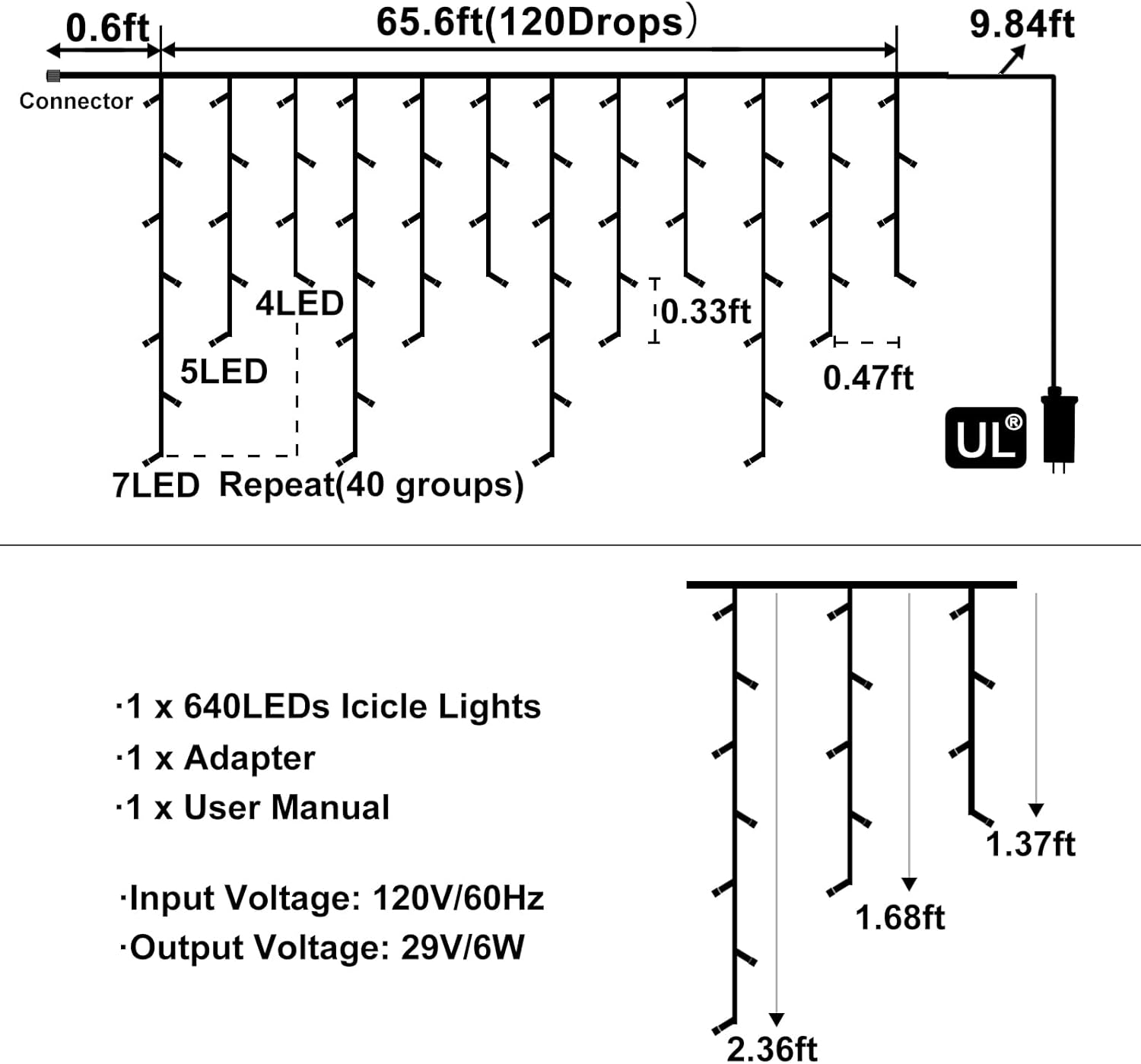 White Christmas Lights Outdoor, 66ft 640 LED Icicle Lights for Outside House with Connectable Clear