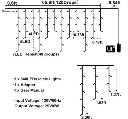 White Christmas Lights Outdoor, 66ft 640 LED Icicle Lights for Outside House with Connectable Clear